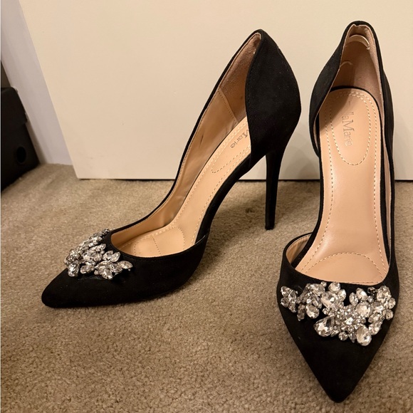 Bella Marie Black Vegan Faux Suede Stiletto Heels with Crystal Details Size 10 - Picture 2 of 8